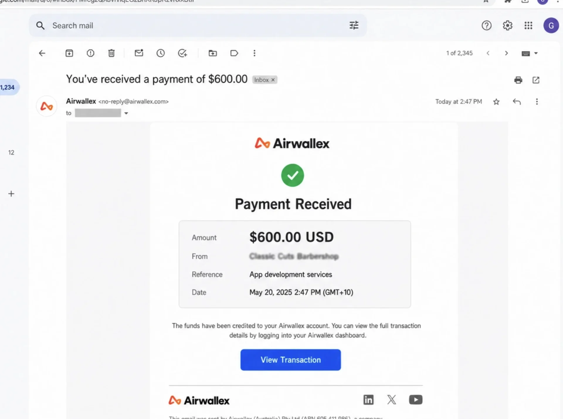 Airwallex email: payment received of $600.00 USD from a barbershop for app development services